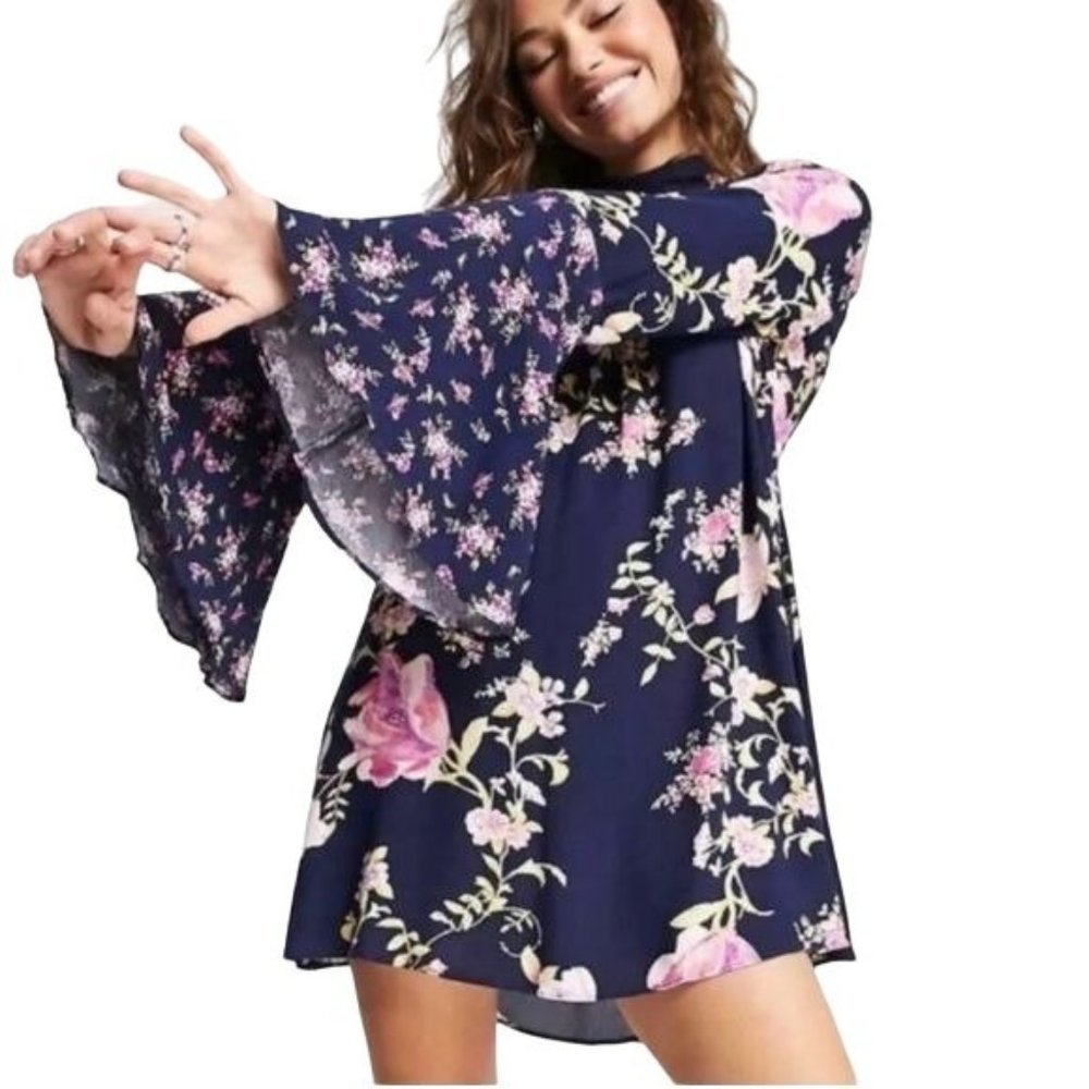 Free People Womens Tate Floral Bell Sleeve Dress Midnight Combo Size XS NWT